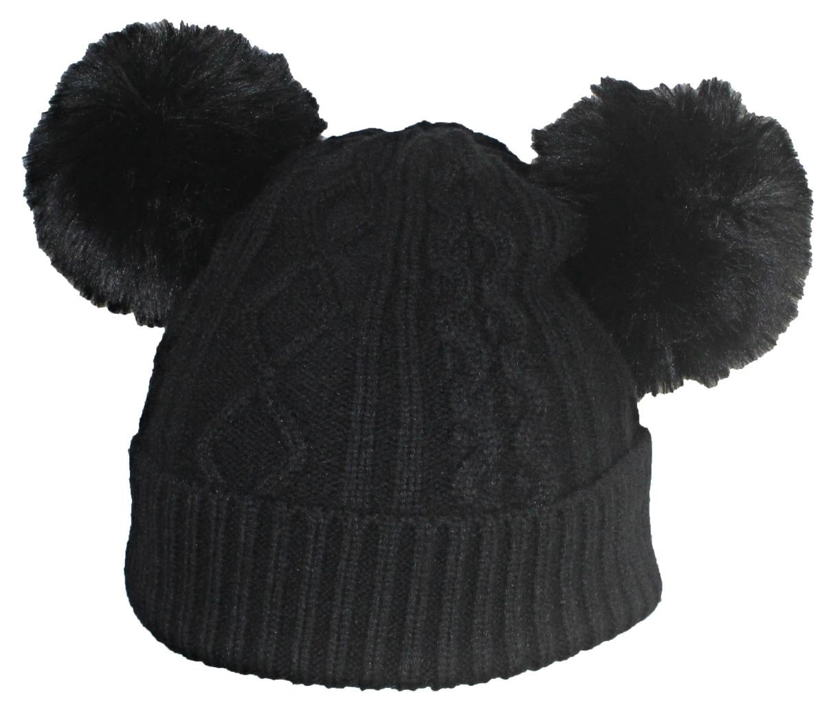 Best Winter Hats Quality Womens Knit Cap Plush Lined W/2 Large Pom Poms Black