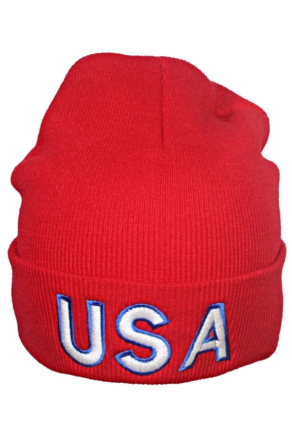 Solid Cuffed Beanie W/Embroidered USA W/Border - Red