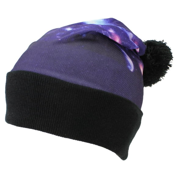 Best Winter Hats Sublimation Print Cuffed Slouchy W/Pom Pom (One Size) - Black W/Galaxy Sombrero