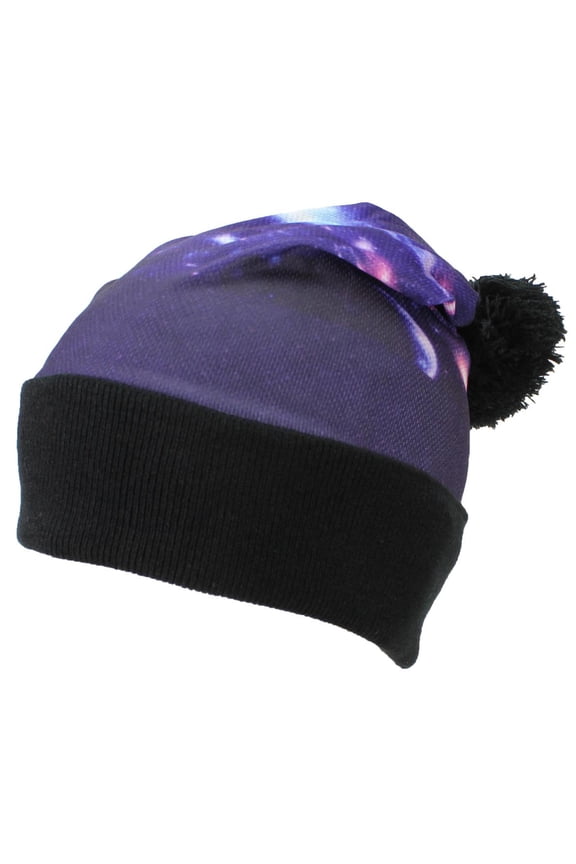 Sublimation Print Cuffed Slouchy W/Pom Pom (One Size) - Black W/Galaxy Sombrero