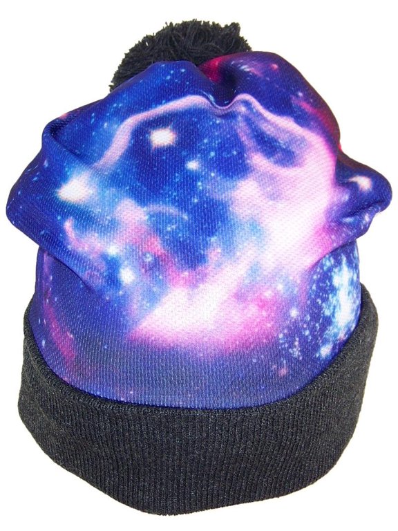 Sublimation Print Cuffed Slouchy W/Pom Pom (One Size) - Gray W/Galaxy Nebula