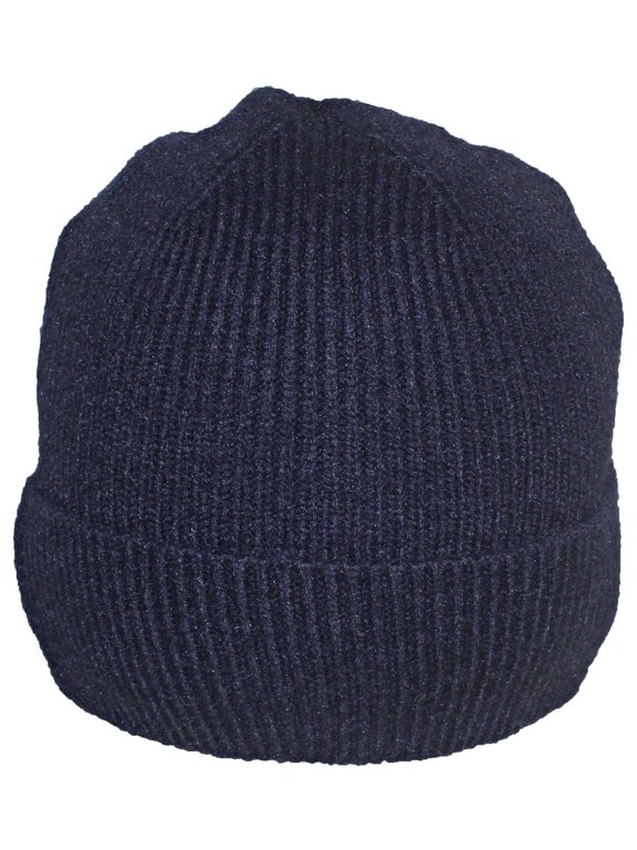 Tight Rib Knit Solid Color Cuffed Plush Lined Beanie Cap - Navy