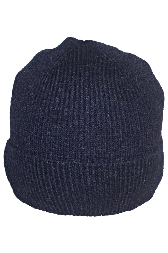 Tight Rib Knit Solid Color Cuffed Plush Lined Beanie Cap - Navy