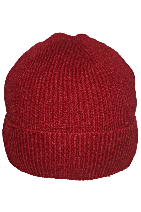 Tight Rib Knit Solid Color Cuffed Plush Lined Beanie Cap - Red