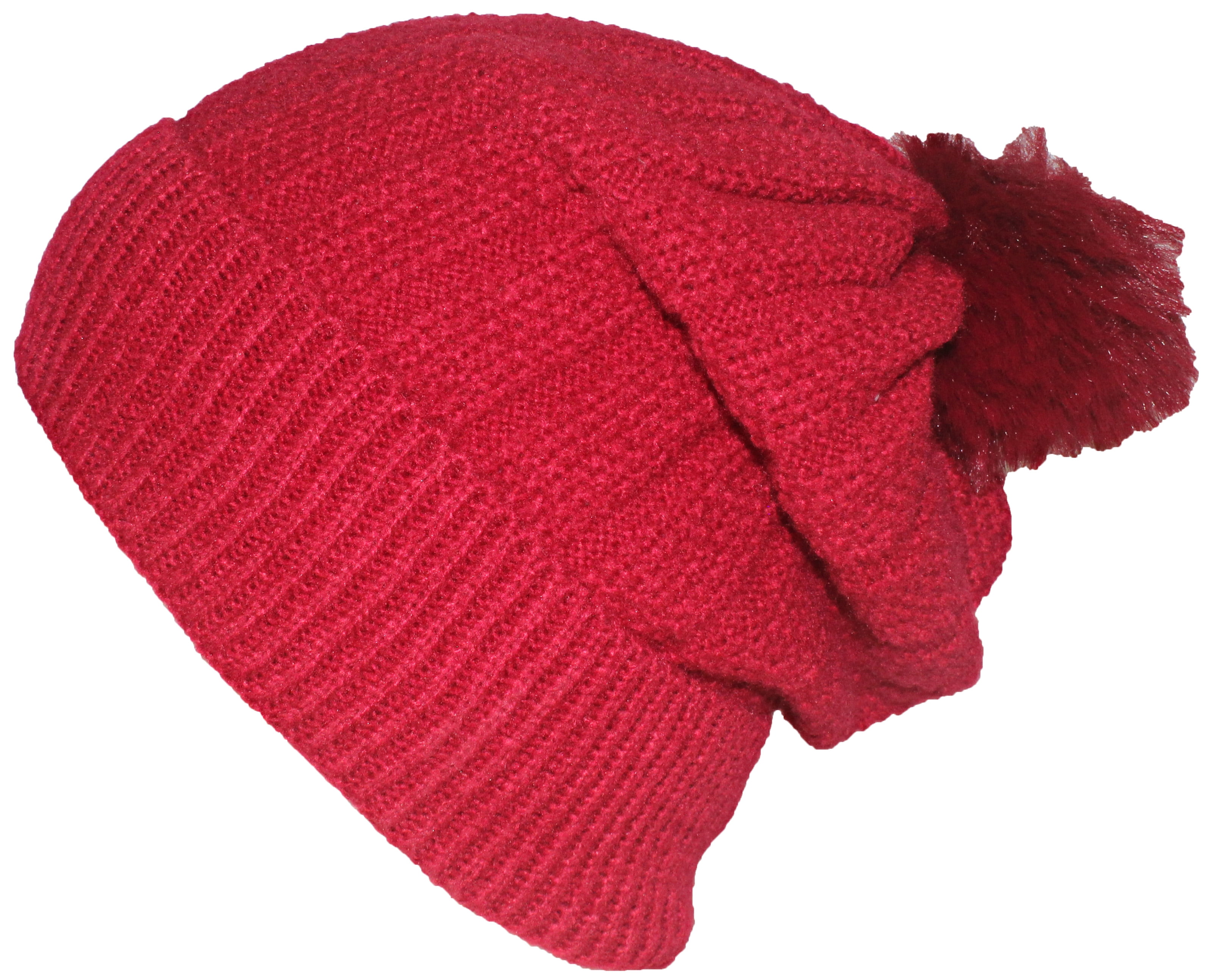 NATASHA RIB KNIT CUFFED BEANIE WITH FAUX FUR POM FLEECE LINED RED OS NWOT Starling Neil Faux Fur Pom Beanie | Accessories / Headwear  main image 2