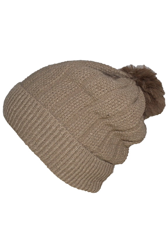 Womens Rib Knit Cuffed Slouch Beanie W/Pom Pom & Plush Lining - Tan