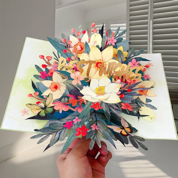 Best Wishes Lily Pop Up Card, 3D Bouquet Pop Up Thank you Card Floral Flower Card Greeting Card with Envelope and Note Insert Handmade Flowers Box Cards for New Year Anniversary Valentines