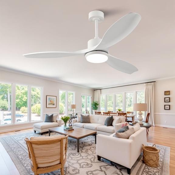 Best-selling 52-inch modern white ceiling fan with light, featuring 3 ABS plastic blades, remote control operation, reversible DC motor, and dimmable LED lighting.
