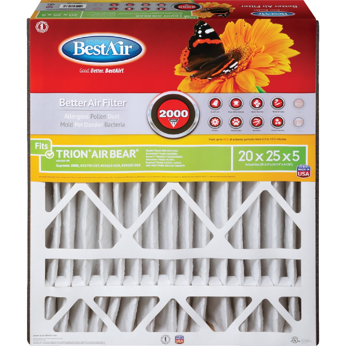 BestAir AB2025-11R AC Furnace Filter, 20" x 25" x 5", MERV 11, Fits 100%, for Trion Air Bear, Supreme, Skuttle, GeneralAire, Source1, Ultravation & Braeburn Models, 3 Count Pack of 1, White