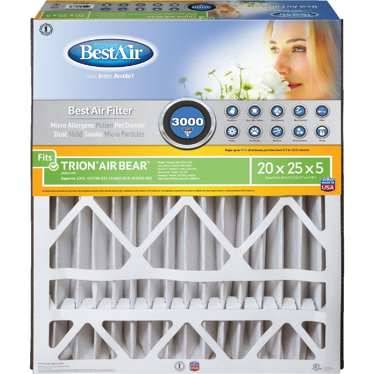 BestAir AB2025-13R Cleaning Furnace Filter, MERV 13, For Trion Air Bear, Supreme, Skuttle, GeneralAire, Source1, Ultravation & Braeburn Models, 1 Count Pack of 1