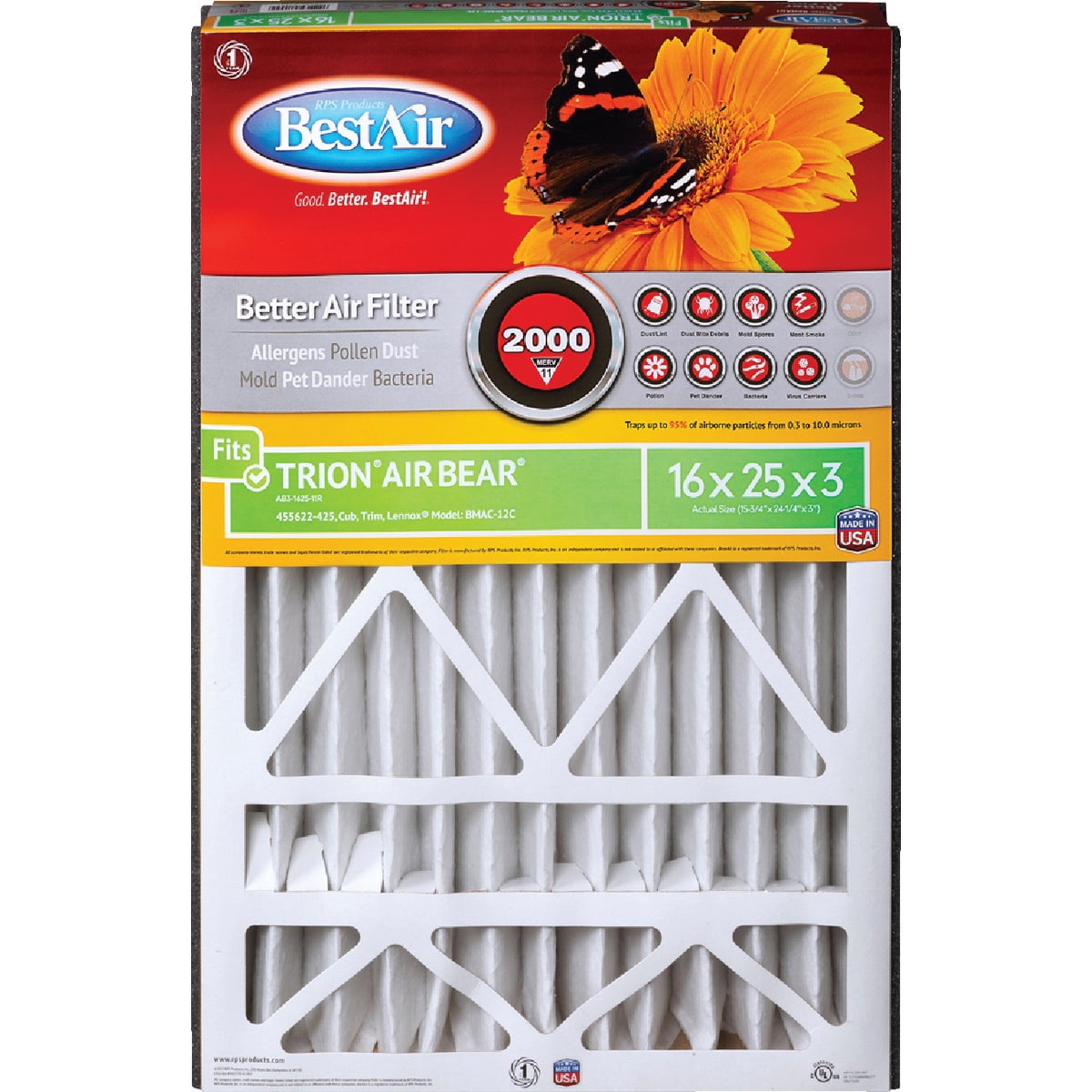 BestAir AC Furnace Filter MERV 11 - Fits Trion Air Bear, Supreme, Skuttle - 1 Pack, 16 x 25 x 3