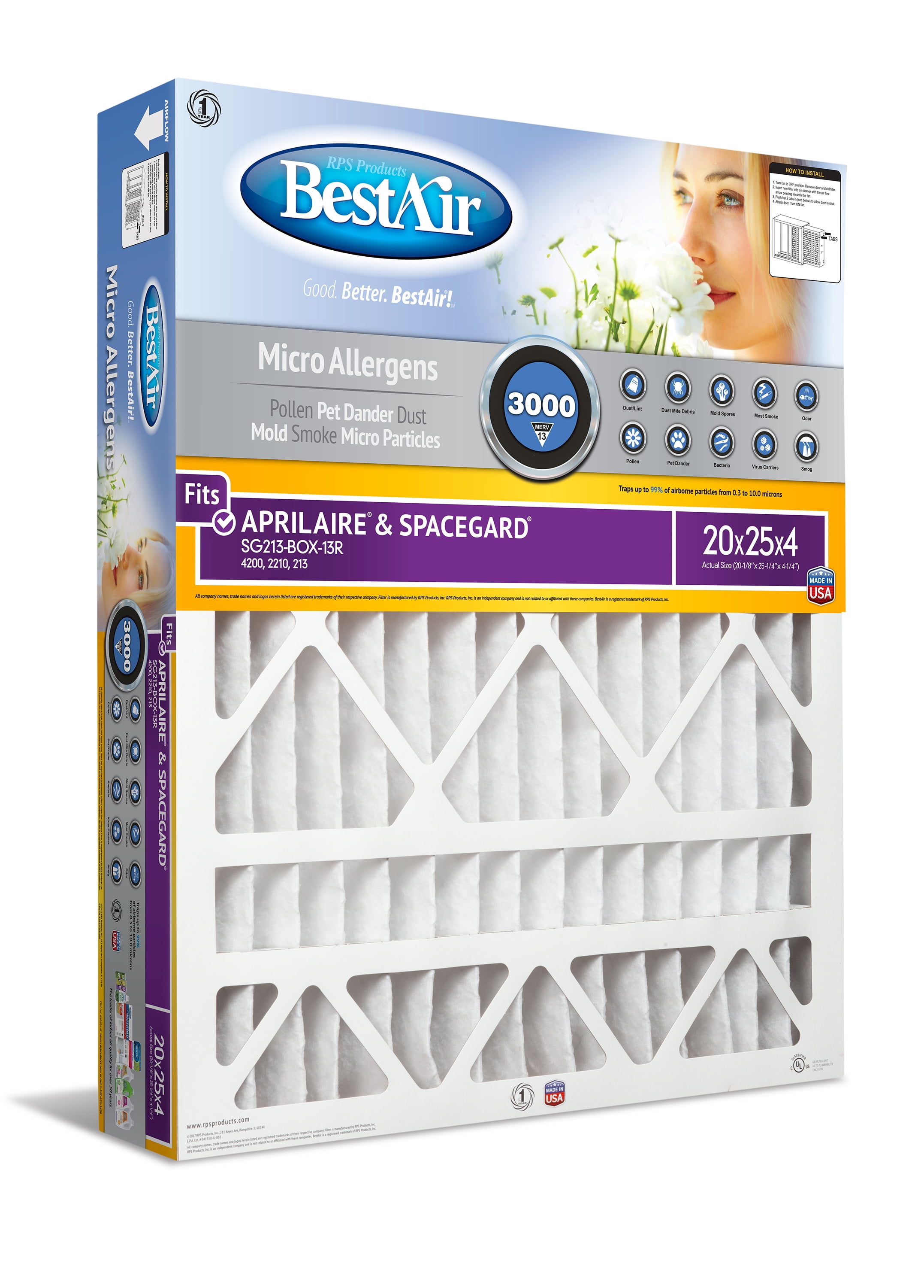 BestAir Honeywell High Efficiency HW1625 13R Series 3000 MERV 13 Furnace Filter Air Filter Size 16x25x4 Walmart
