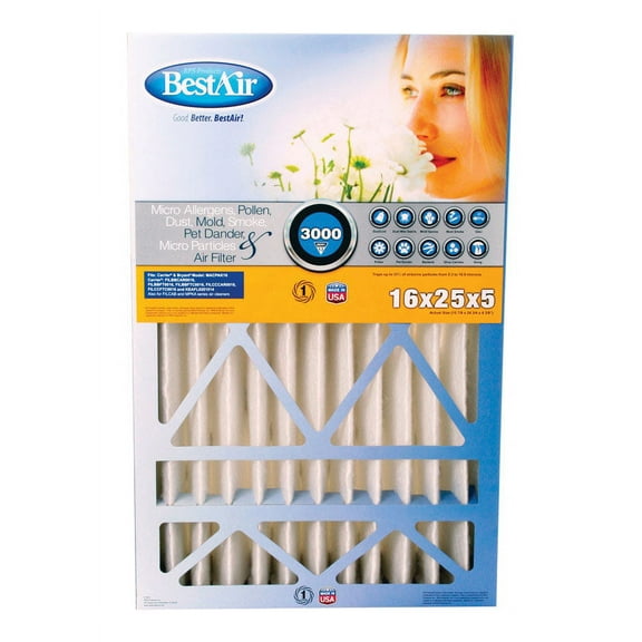 BestAir CB1625-13R 16x25 x 5 In. Carrier Pleated Air Filter, MERV 13, Electrostatically Charged, 1 Year