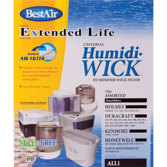 BestAir Extended Life Humidi-Wick ALL1 Humidifier Wick Filter with Air Filter - Pack of 2  Residential Use, Standard Application