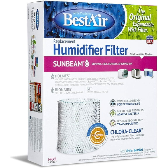 BestAir H65-PDQ-4 Extended Life Humidifier Replacement Paper Wick Humidifier Filter, For Holmes, Sunbeam, White-Westinghouse, GE & Bionaire Models, 8.2" x 2.7" x 10", Single Pack