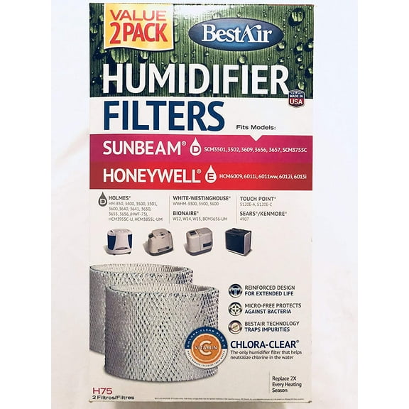 BestAir H75-2 Pack, Holmes Replacement, Paper Wick Humidifier Filter, 7.9" x 2.6" x 14", Micro-Free Antimicrobial technology By Visit the BestAir Store