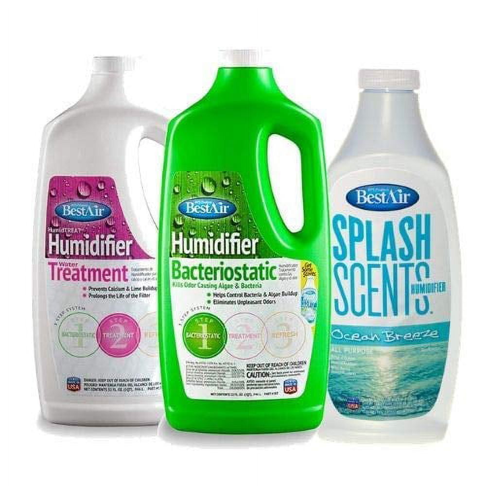 BestAir Humidifier Bacteriostatic 3BT 32 Oz, WaterTreatment 1T 32 Oz, and Ocean Breeze Splash Scent 16 Oz Kit