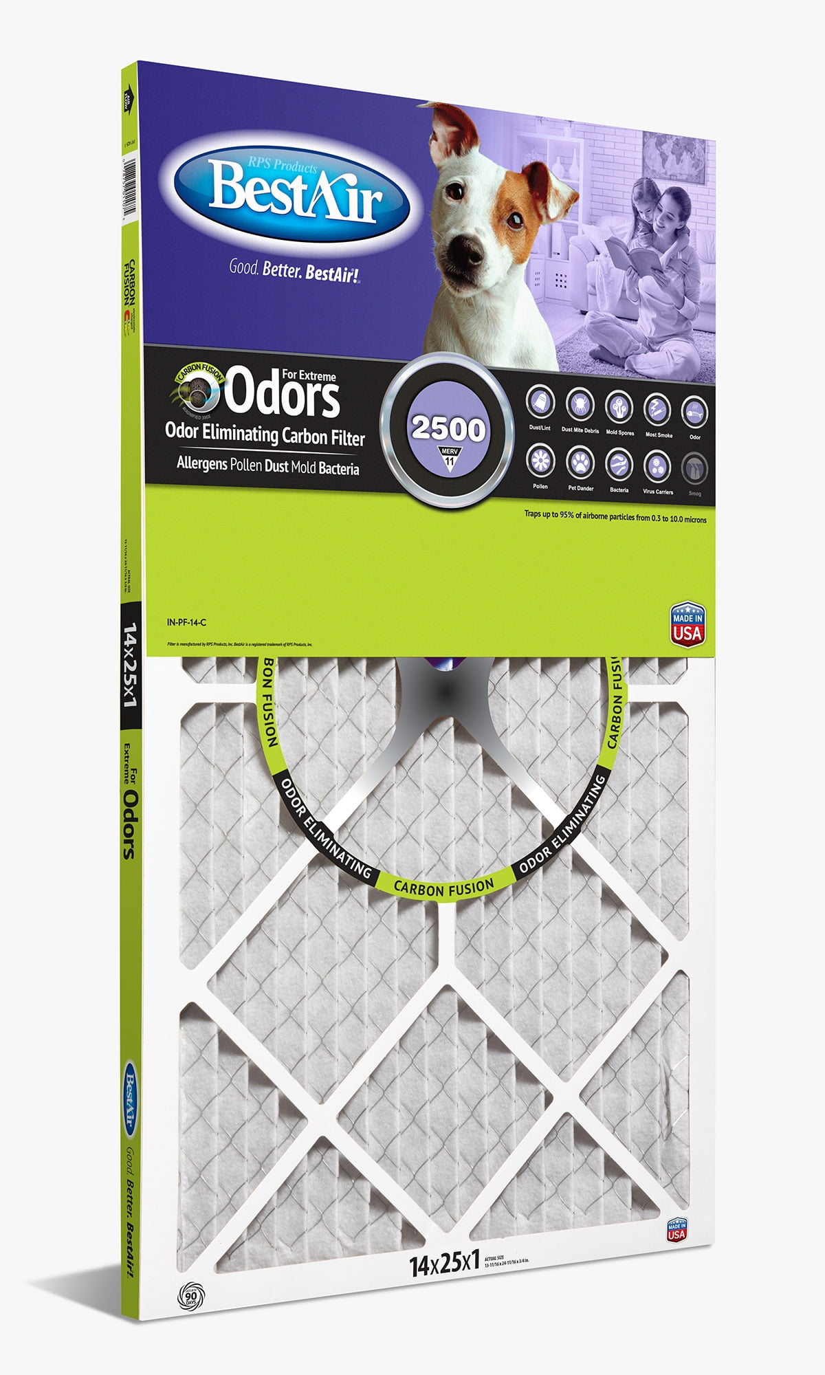 BestAir PF1425-1 Carbon Infused 14x25x1 Series 2500 MERV 11 1" Furnace Filter