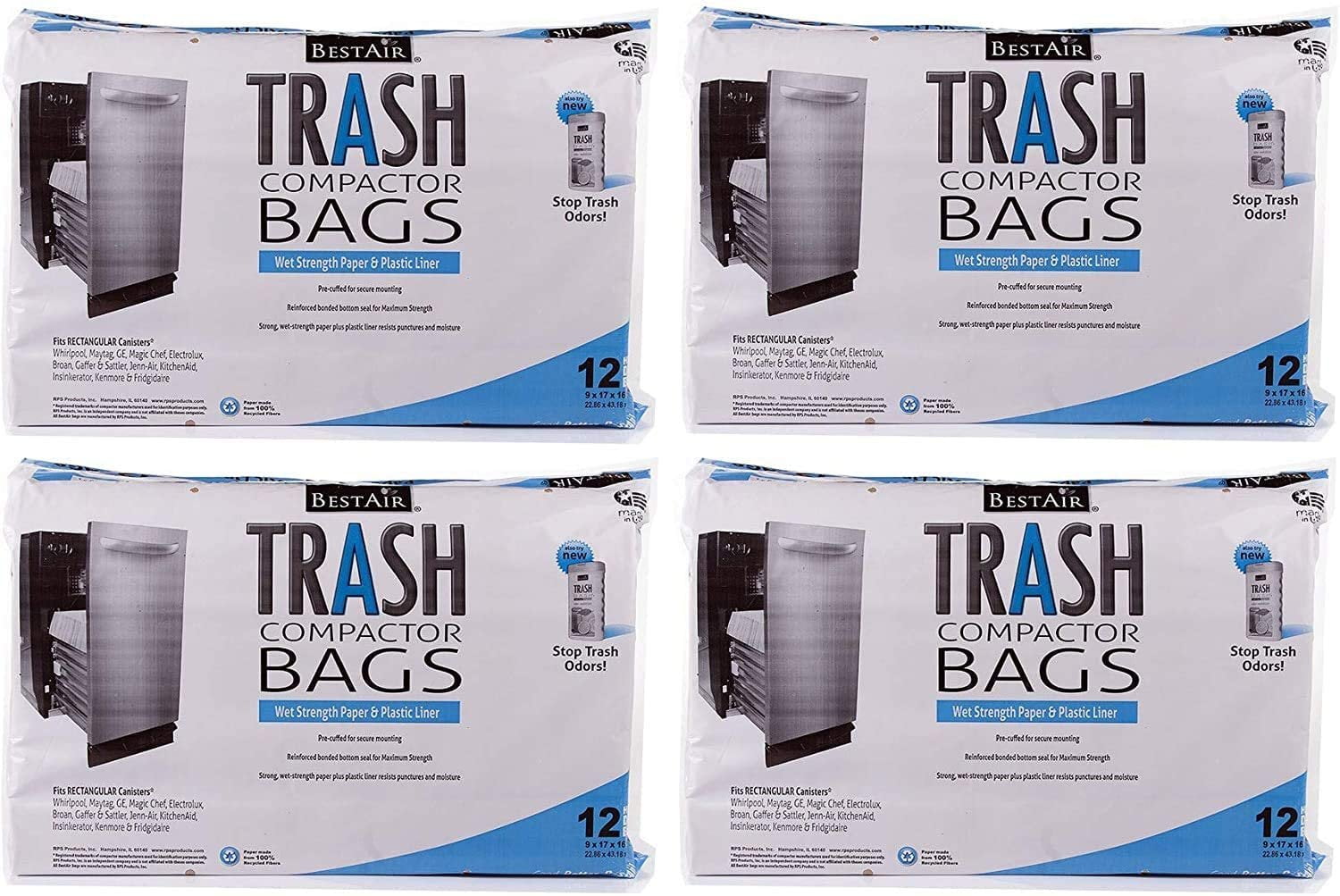 4-pack BestAir Trash Compactor Bags Heavy Duty - 4 Pack of 12, 16 D x 9 W x 17 H — Residential Use, Standard Application