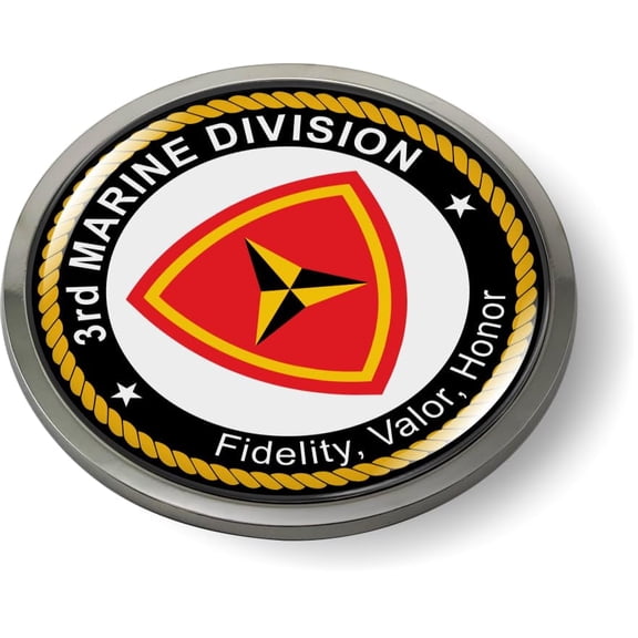 BestLicensePlateFrames - 3rd U.S. Marine Corps Division, USMC CAR Emblem 3D Domed Badge Sticker with Metal Chrome Bezel - Official U.S. Marine Corps Licensed Product