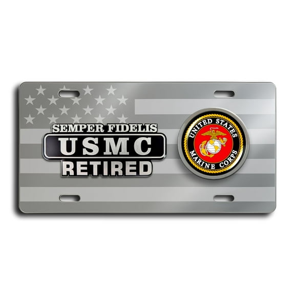 BestLicensePlateFrames - Retired USMC Semper Fidelis Patriotic American Flag Chrome Stainless Steel License Plate & Emblem - Military Tribute Auto Tag - Official U.S. Marine Corps Licensed Product