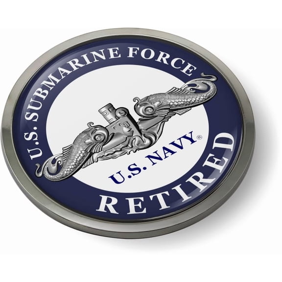 BestLicensePlateFrames - U.S. Navy Submarine Force Retired with Silver Dolphins Enlisted Insignia 3D Domed CAR Emblem Badge Sticker Chrome Metal Bezel - Official U.S. Navy Licensed Product