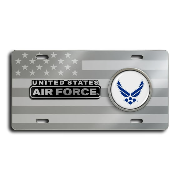 BestLicensePlateFrames - US Air Force 4-Hole Patriotic American Flag Chrome Stainless Steel License Plate with Emblem - Durable Military Tribute Auto Tag - Officially Licensed U.S. Air Forces Product