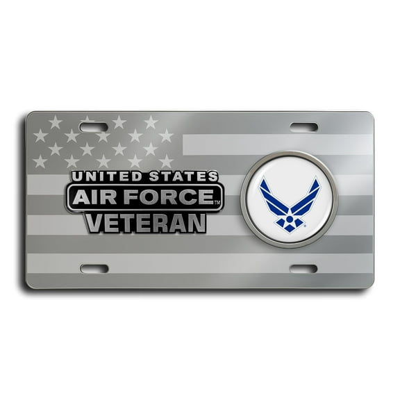 BestLicensePlateFrames - US Air Force Veteran 4-Hole Patriotic USA Flag Chrome Stainless Steel License Plate & Emblem - Durable Military Tribute Auto Tag - Officially Licensed U.S. Air Forces Product
