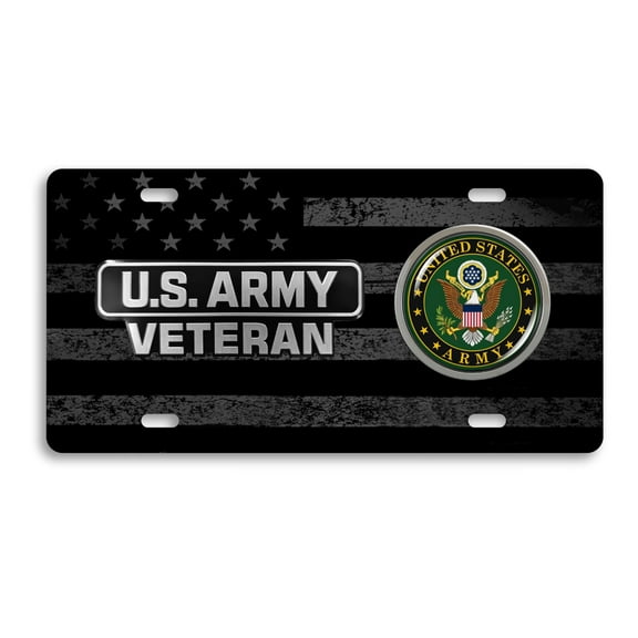 BestLicensePlateFrames - US Army Veteran 4-Hole Patriotic American Flag Black Stainless Steel License Plate with Emblem - Durable Military Tribute Auto Tag - Officially Licensed U.S. Army Product