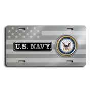 BestLicensePlateFrames - US Navy 4-Hole Patriotic American Flag Chrome Stainless Steel License Plate with Emblem - Durable Military Tribute Auto Tag - Officially Licensed U.S. Navy Product