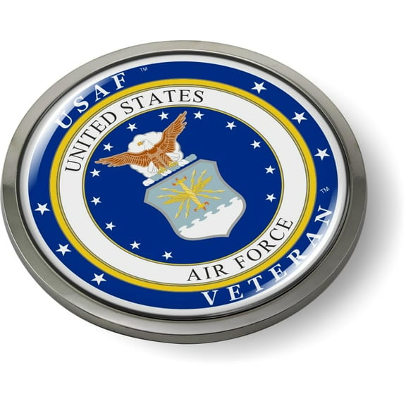BestLicensePlateFrames - United States Air Force USAF Veteran 3D Domed CAR Emblem Badge Sticker Chrome Metal Bezel - Official USAF and USSF Licensed Product