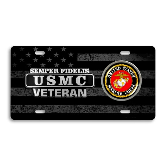 BestLicensePlateFrames - Veteran USMC Semper Fidelis Patriotic American Flag Black Stainless Steel License Plate & Emblem - Military Tribute Auto Tag - Official U.S. Marine Corps Licensed Product