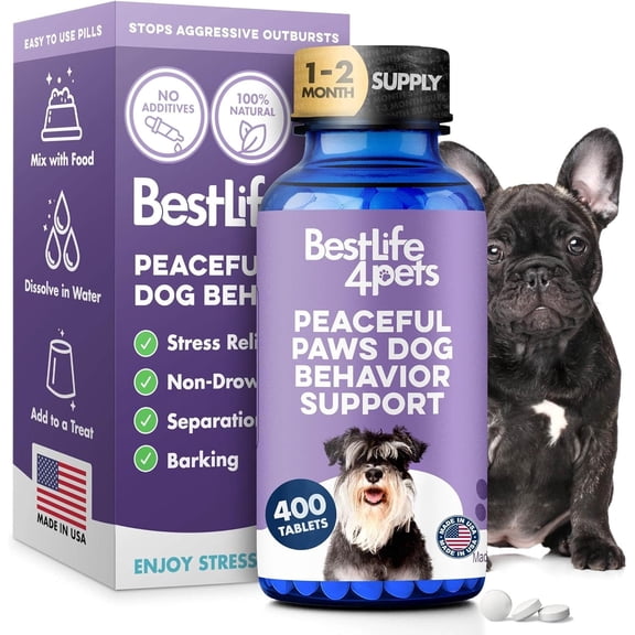 BestLife4Pets Peaceful Paws Dog Calming Pills Aggression Management for Biting, Attacking, Chasing & More, 400 Pills