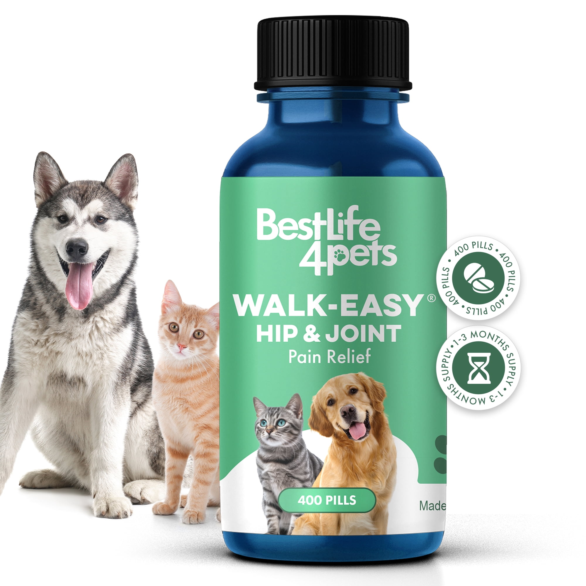 BestLife4Pets Walk-Easy Hip and Joint Care Natural Supplement for Dogs and Cats - Anti-Inflammatory Pills