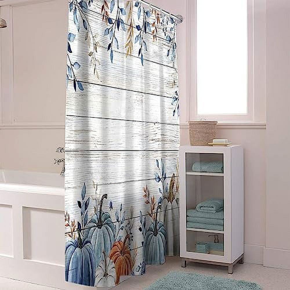 BestLives Fall Shower Curtains Blue Pumpkin Bath Curtain Leaves Floral