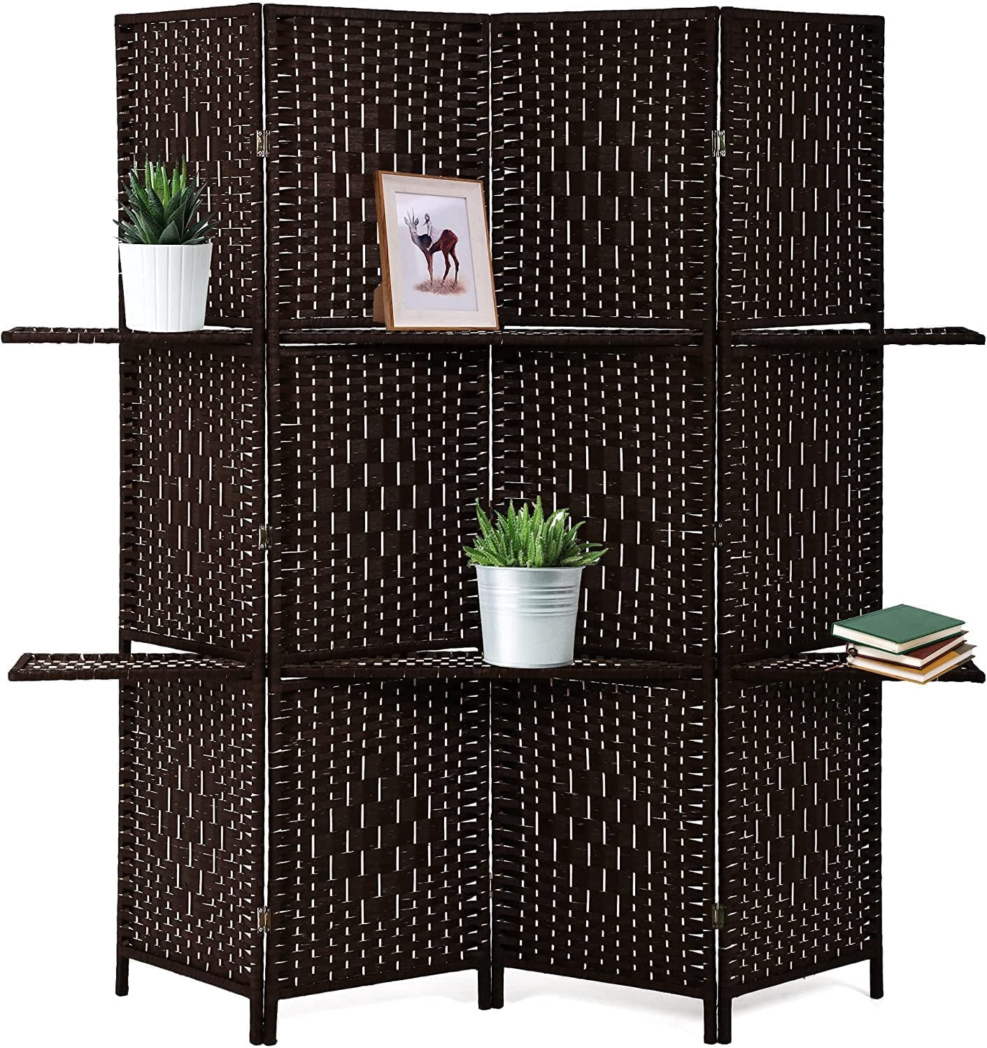 PayLessHere 71 inches Room Divider 4 Panel Privacy Screen with Removable Storage Shelves,Brown