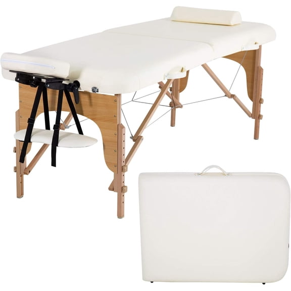 BestMassage Massage Table Massage Bed Spa Bed 84 Inch Height Adjustable 2 Fold Massage Table W/ Bolsters Carry Case Portable Salon Bed,Cream