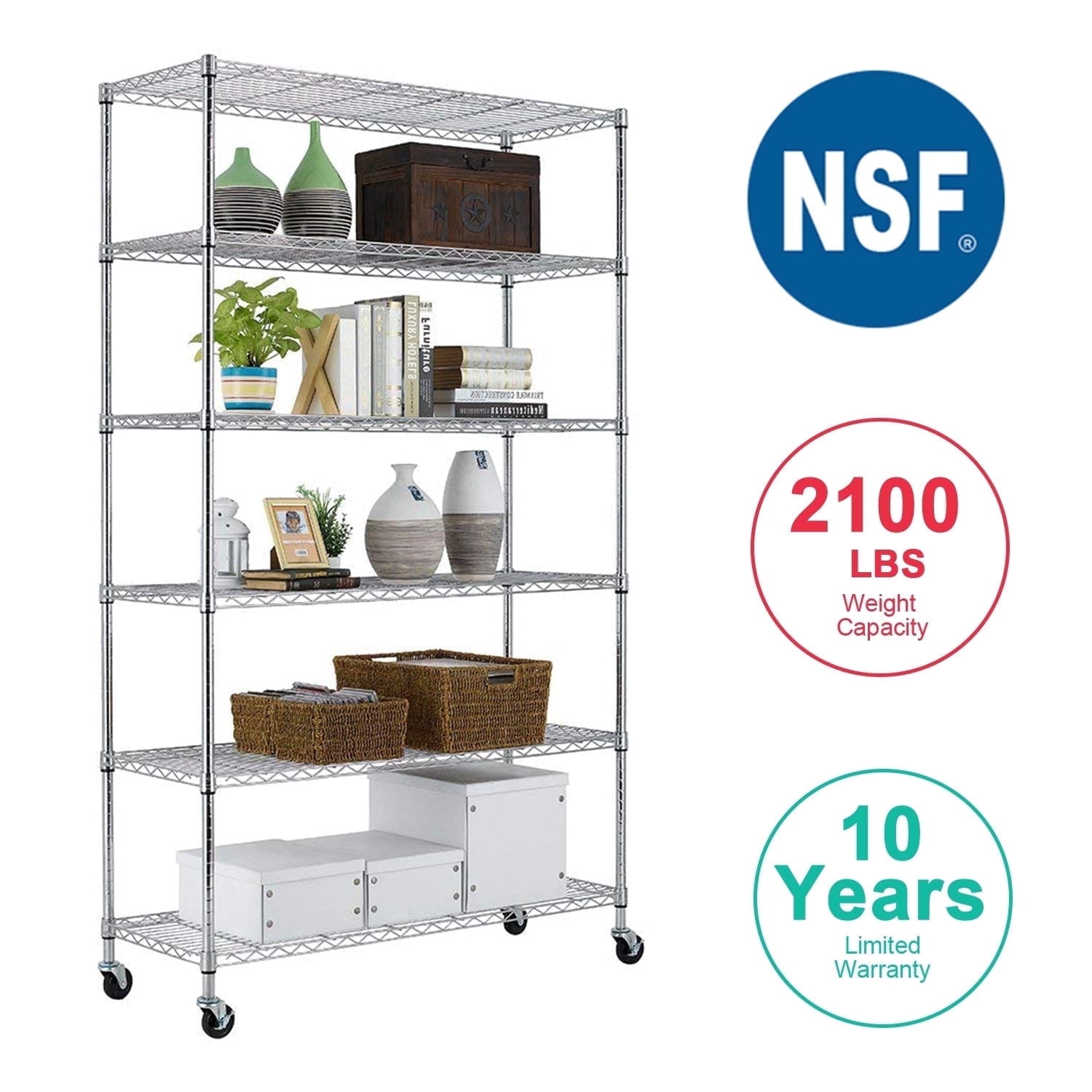 BestOffice 82"x45"x18" 6 Tire Wire Shelving Unit NSF Storage Shelves Large Heavy Duty Metal Shelf Organizer Height Adjustable Steel Rack 2100 LBS Capacity with Wheels (Chrome)