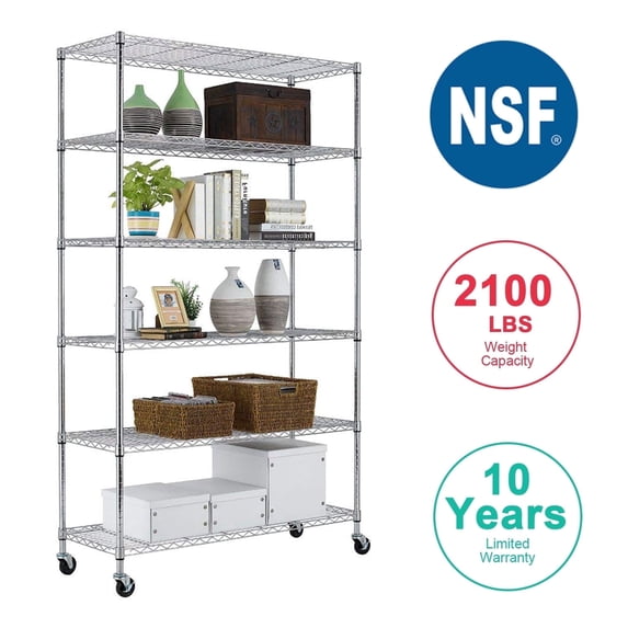 BestOffice 82"x45"x18" 6 Tire Wire Shelving Unit NSF Storage Shelves Large Heavy Duty Metal Shelf Organizer Height Adjustable Steel Rack 2100 LBS Capacity with Wheels (Chrome)