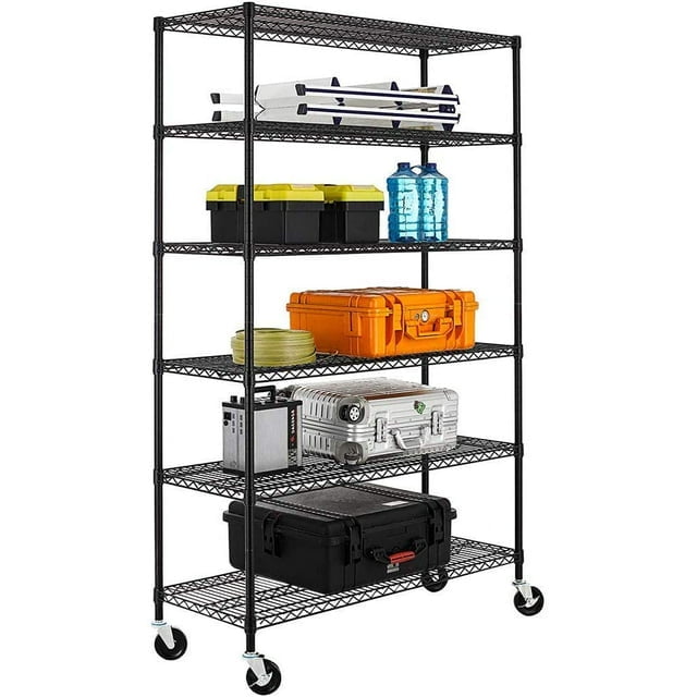 BestOffice 18x48x78 Wire Shelving with Wheels 6-Shelf Adjustable Heavy Duty Storage Shelves Metal Shelves Storage Unit Shelf,6000 LBS Black