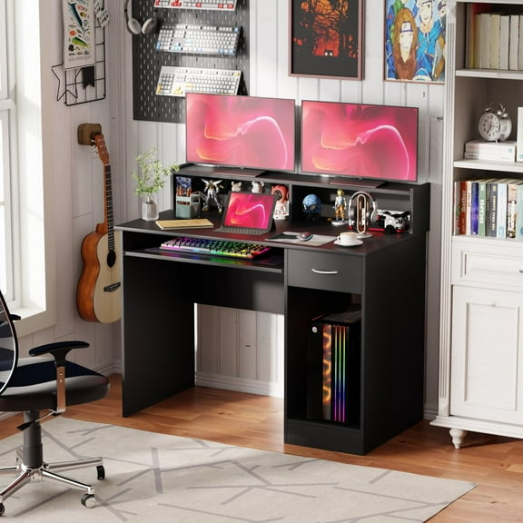 PayLessHere 43" OfficeDesk, Computer Desk with Drawers Keyboard and Storage Shelves, Black