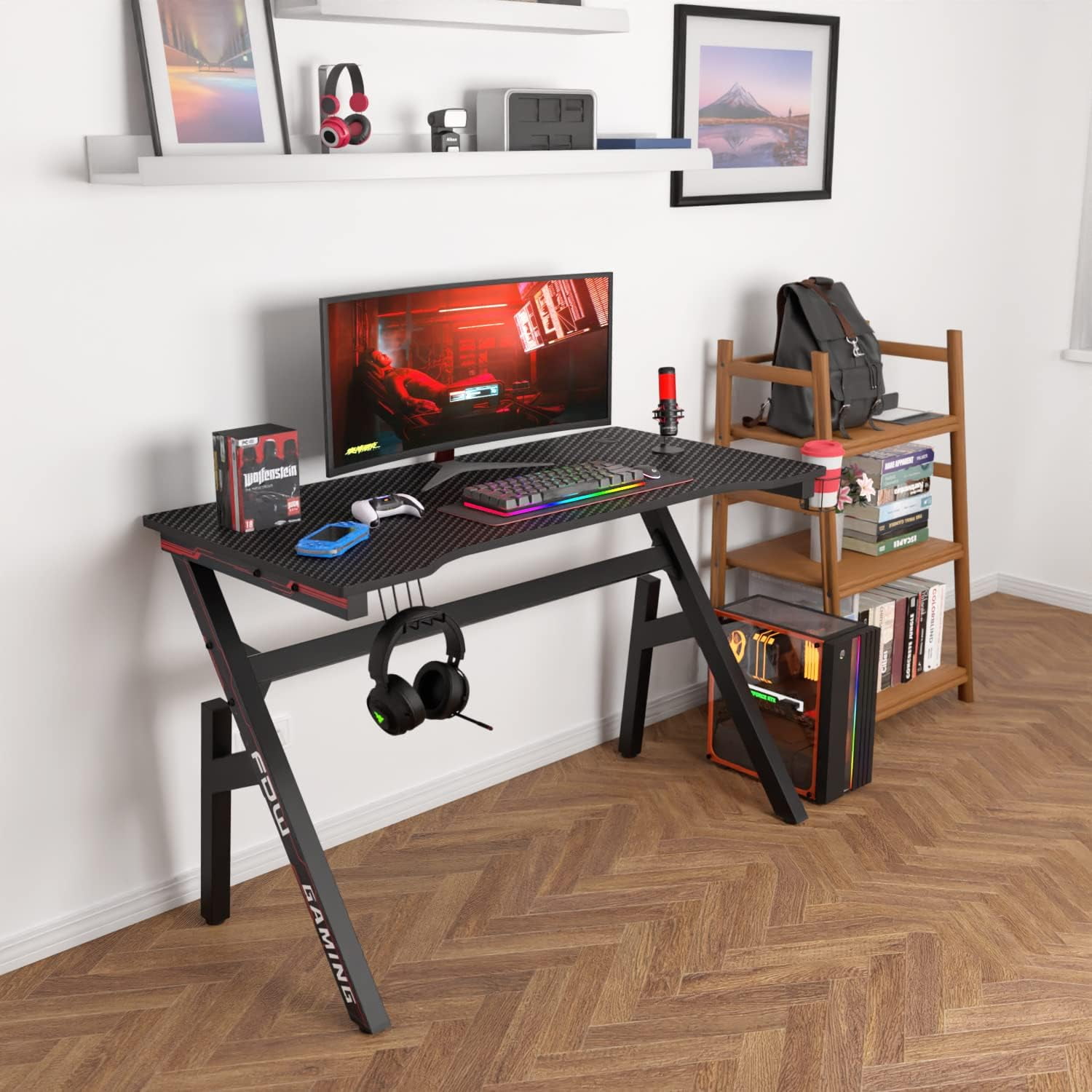 BestOffice 47 Inch Home Office Desk with Cup Holder Headphone Hook,Red