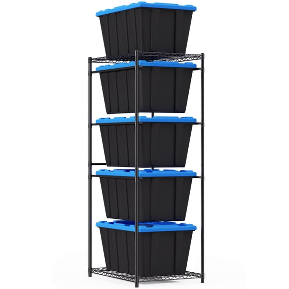 BestOffice 5-Tier Tote Storage Rack Wire Storage Shelving Unit Metal Rack Organizer Garage Storage System for 27 Gallon Bins 18"-20.6" Width Compatible for Garage Pantry Kitchen Basement, Black