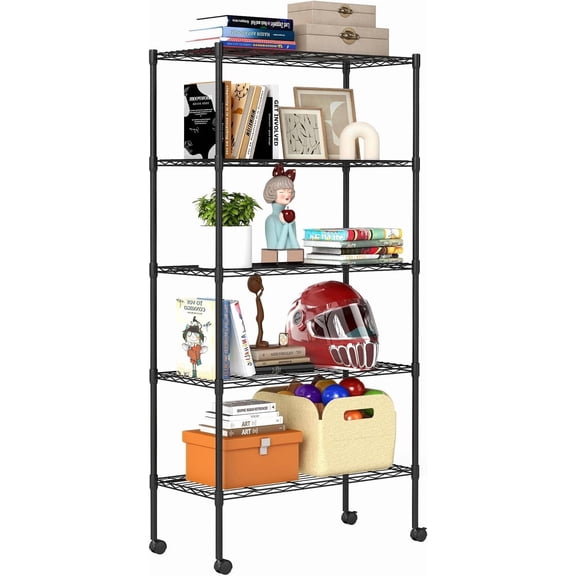 BestOffice 5-Tier Wire Storage Shelves with Wheels 14 x 30 x 61 Heavy-Duty Metal Shelf,Black