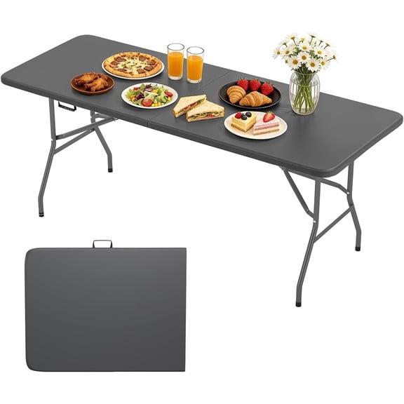 BestOffice 6 FT Picnic Table, Portable Plastic Folding Table with Carrying Handle Perfect,Grey