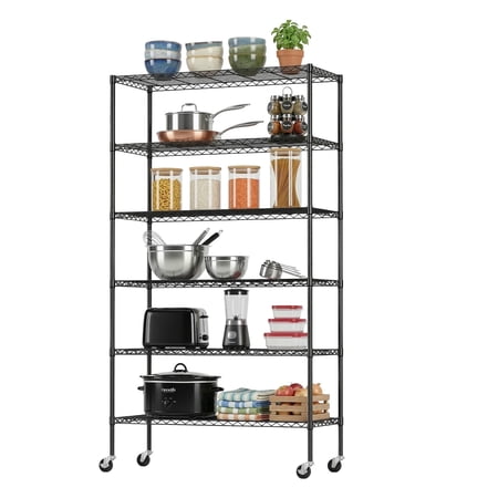 BestOffice 6 Tier Wire Shelving Unit with Wheels 2100LBS Capacity-18x45x82, Black