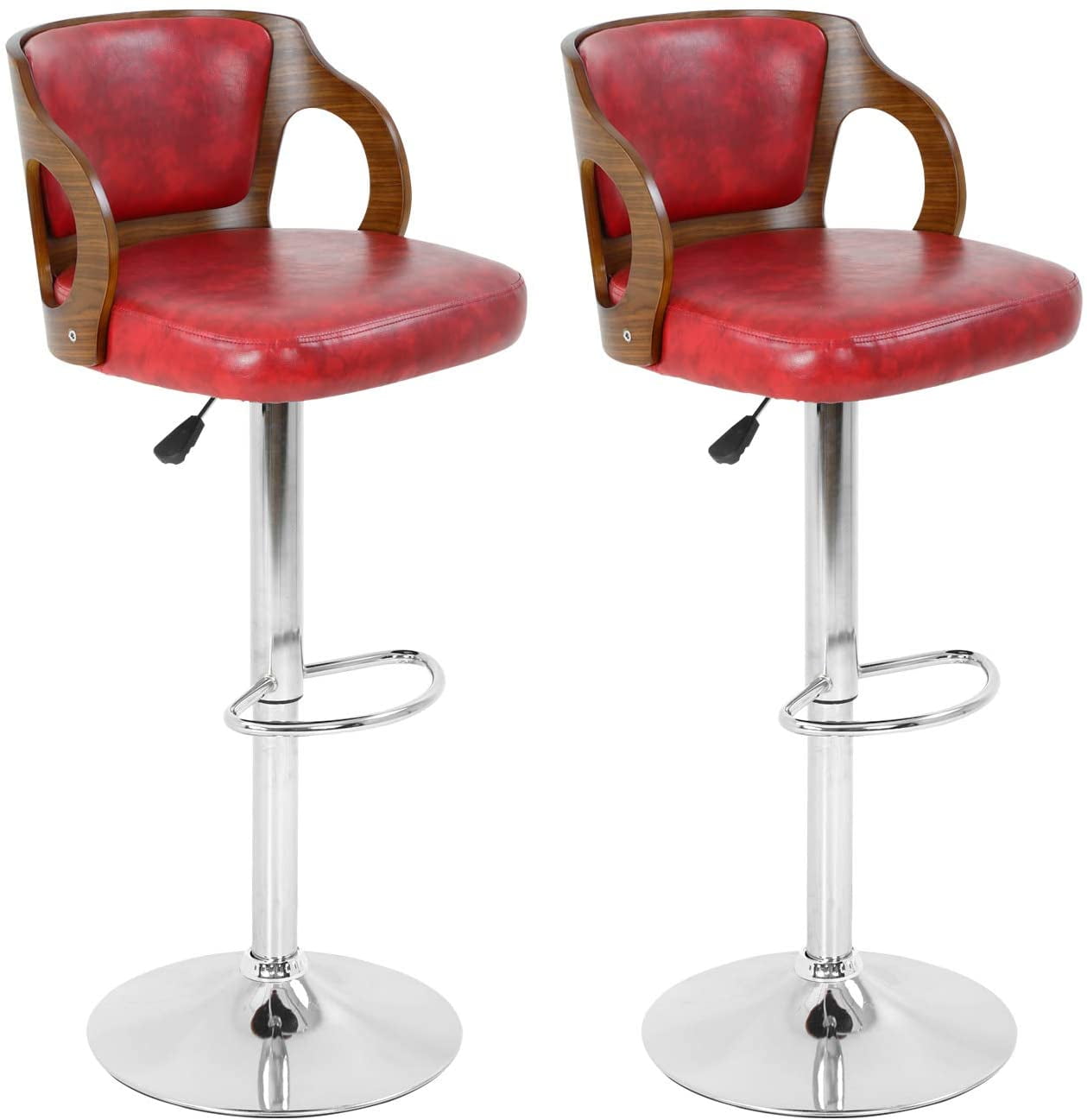 Red Adjustable Swivel Backless Metal and Leather Bar Stools, Set of 2
