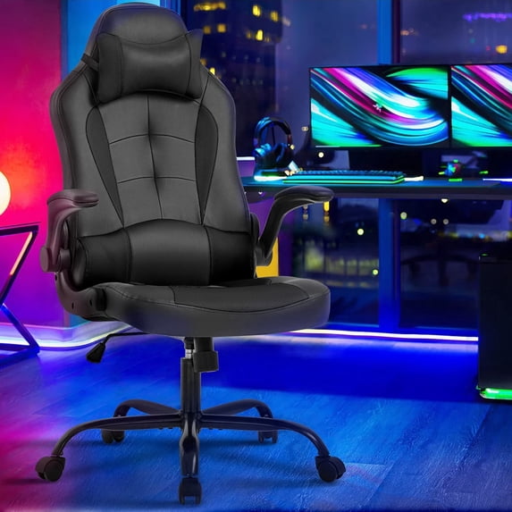 BestOffice Adult Solid Print PU Leather and Mesh PC Gaming Chair with Lumbar Support and Swivel, Black