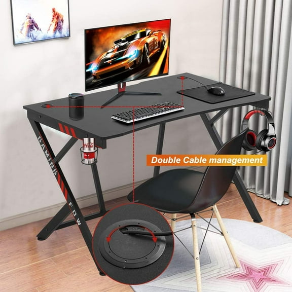BestOffice Gaming Desk Computer Desk Home Office Desk Racing Style Study DeskExtra Large Modern Ergonomic PC Carbon Fiber Writing Desk Table with Cup Holder Headphone Hook,Red
