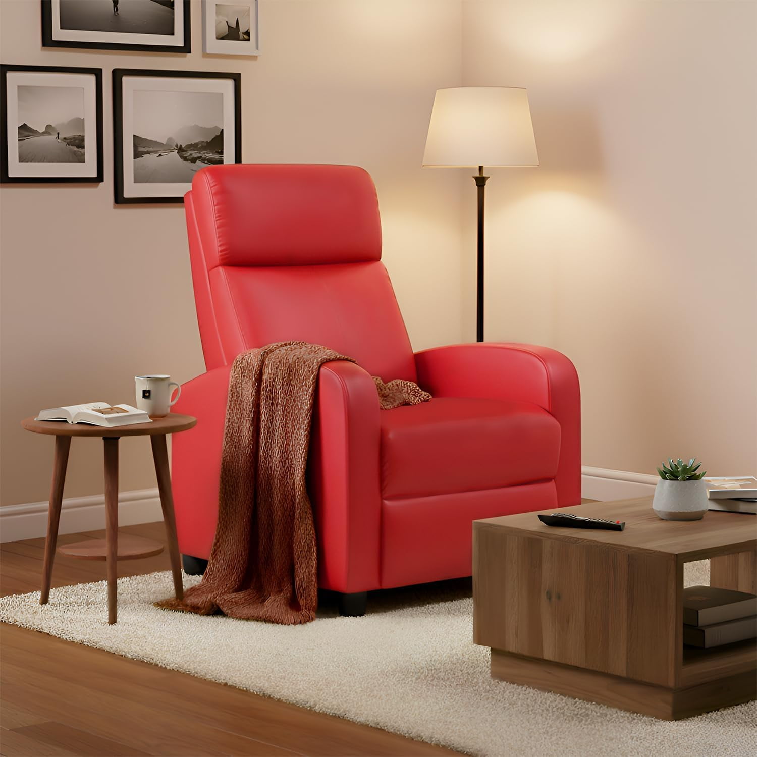 BestOffice Modern for Living Room Recliner Sofa Reading Chair Winback Single Sofa Theater Seating Lounge with PU Leather Padded Seat Backrest,Red